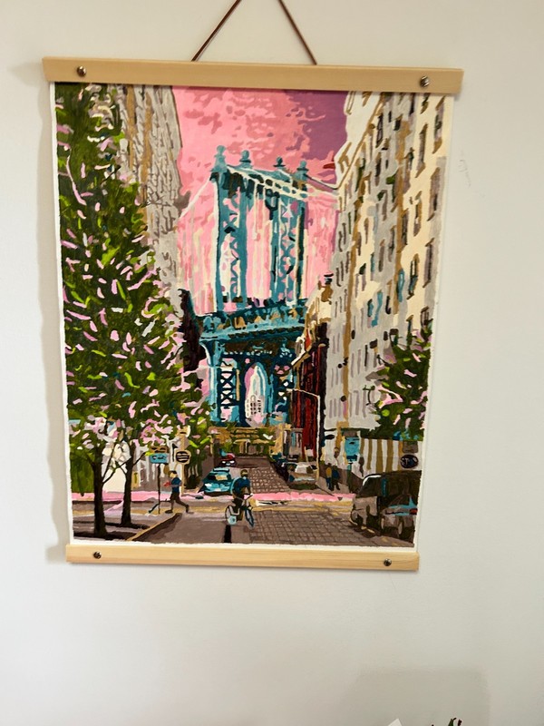 NY Bridge City Street Acrylic painting- 16″ x 20″ Wood & leather frame