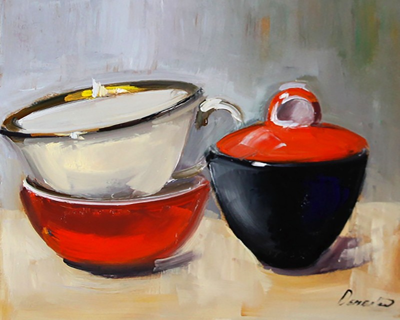 vintage cups white, black and red Still Life Oil painting collectible art8x10