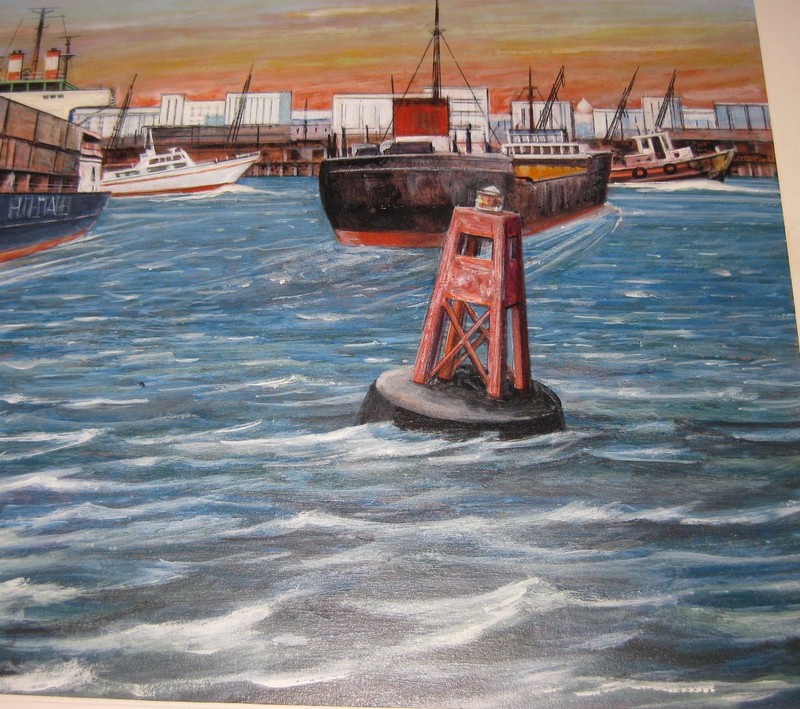 GEORGE BOWMAN USAF HELICOPTER OVER CARGO BOATS PAINTING gallery