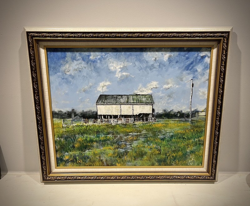 Original Landscape Barn Cows Sunny Farm Bold Painting Realism Gold Accent Frame gallery
