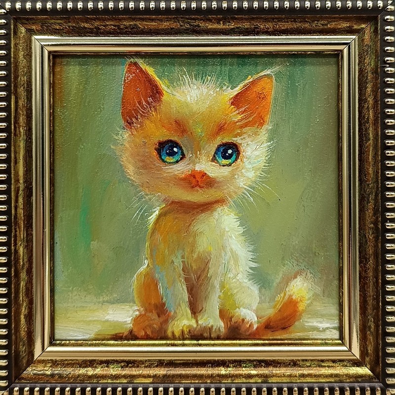 Original oil painting framed portrait art Cats 4×4 inches