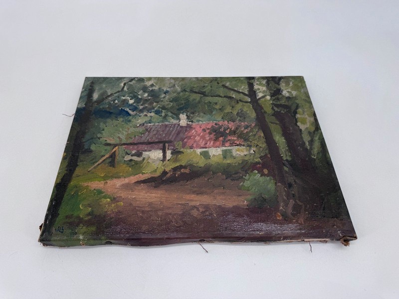 OIL PAINTING VILLAGE LANDSCAPE HOUSE IN GREEN ANTIQUE 36X27 ANTIQUE gallery