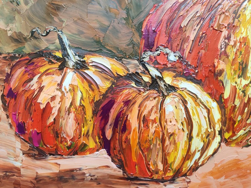 Pumpkins Original Oil Painting Halloween Autumn Hand Painted Art Kitchen 12x8,5 gallery
