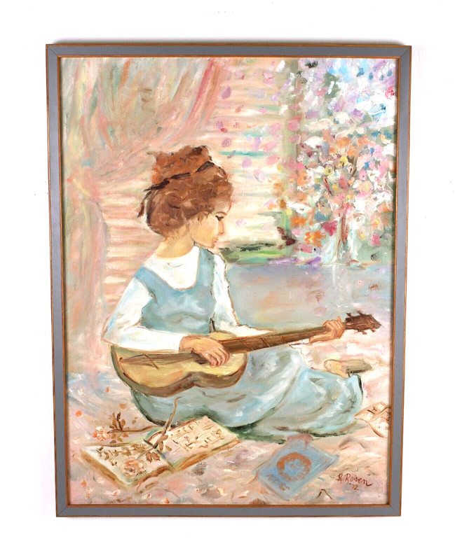 Vintage Young Lady Playing Guitar Oil Painting On Canvas Signed R Rosen 72