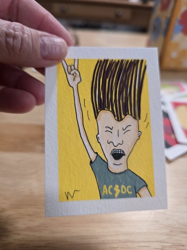 ACEO Original painting Acrylic Beavis And Butthead Metal Head Banging Butthead