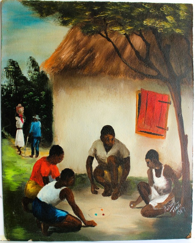 LOUVERTURE POISSON 1914-1985 OIL PAINTING WOOD 1967 SIGNED HAITIAN NAIVE FOLK
