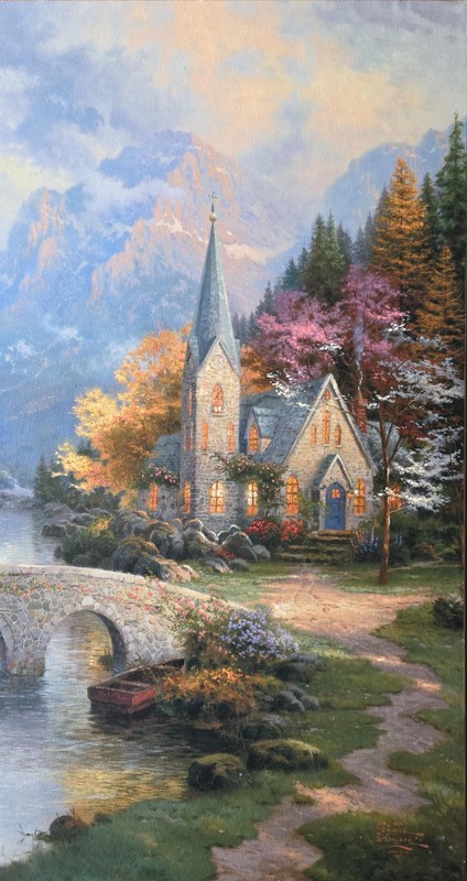 Thomas Kinkade ~ The Mountain Chapel 24x30 COA 191/ 1190 A/P Oil on Canvas gallery
