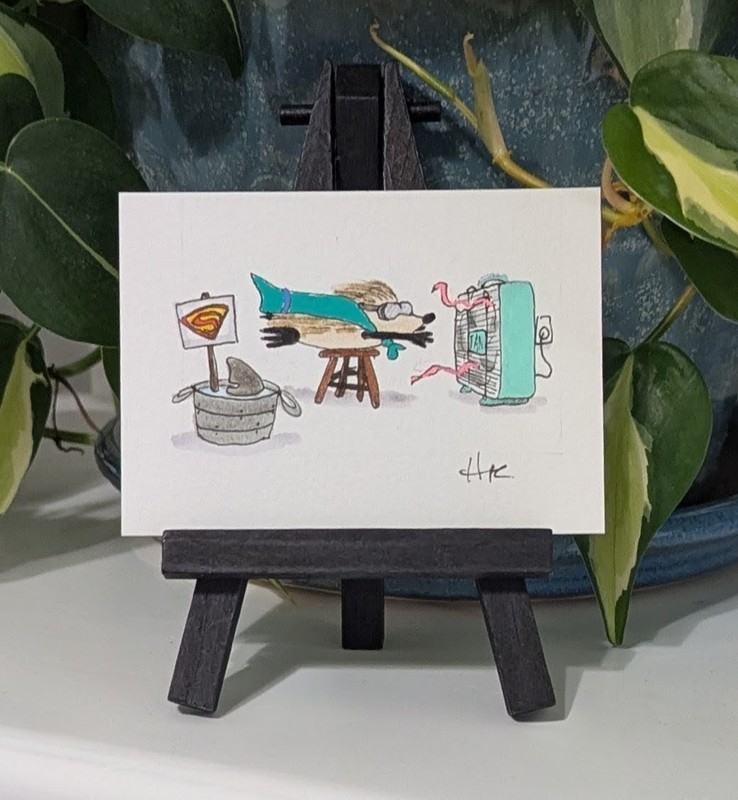 ACEO Original 2.5×3.5 watercolor hedgehog shark superhero imagination childhood