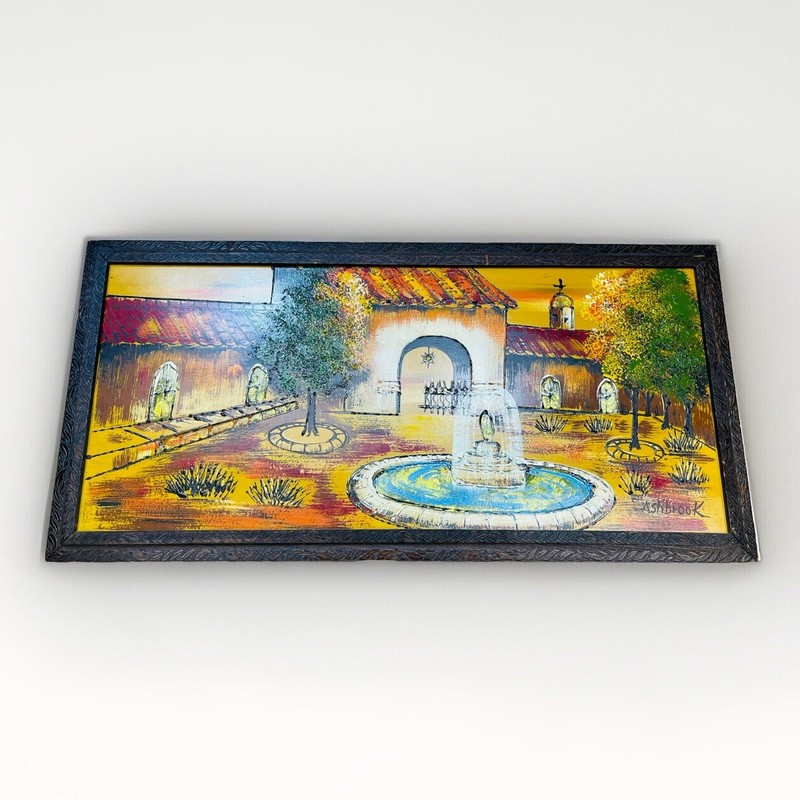 Vintage Tuscan Village Water Fountain Lighted Painting Ashbrook Studios (Rewire)
