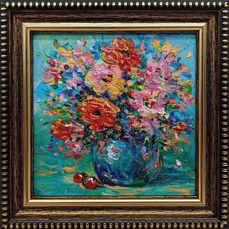 Impasto Flowers Painting Framed 4×4 Signed Wildflower Bouquet Still Life Art