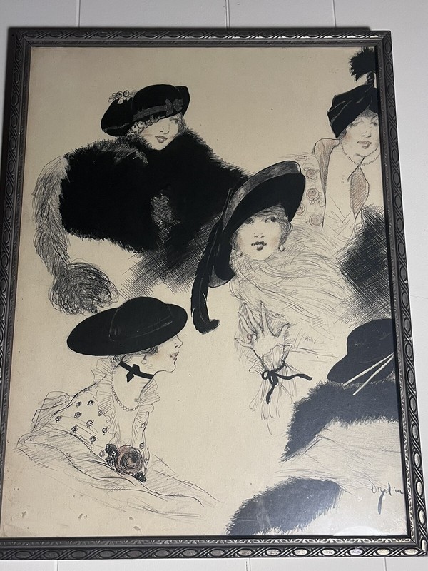 Vogue Magazine’s Helen Dryden Original Women W/ Hats Circa 1920 Signed