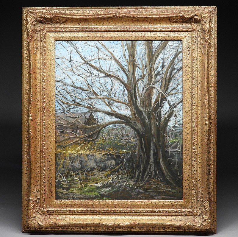 Signed Debbie Osborn New England Autumn Old Oak Tree Pastel Drawing Painting