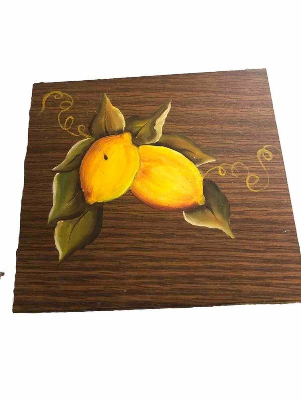 Small Vintage Lemon Fruit Painting On Masonite Oak Wood Still Life 5.5” X 5.75”