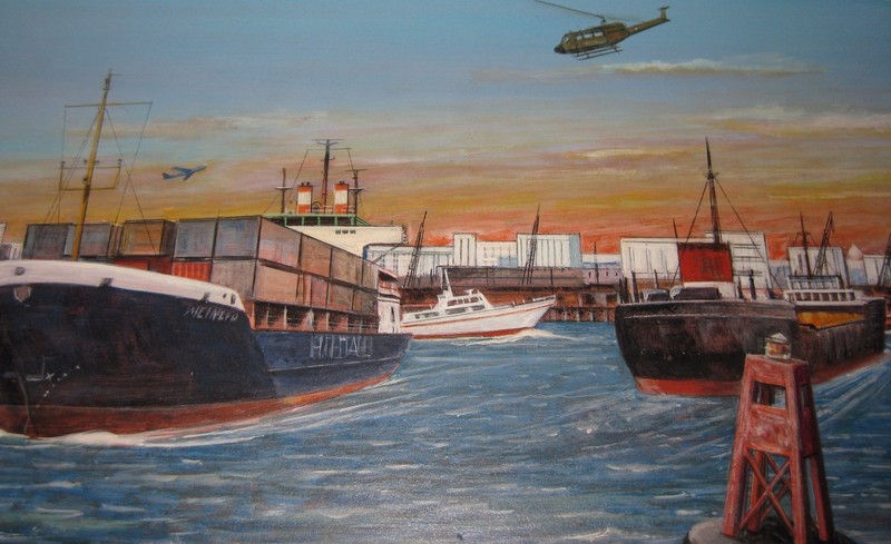 GEORGE BOWMAN USAF HELICOPTER OVER CARGO BOATS PAINTING gallery