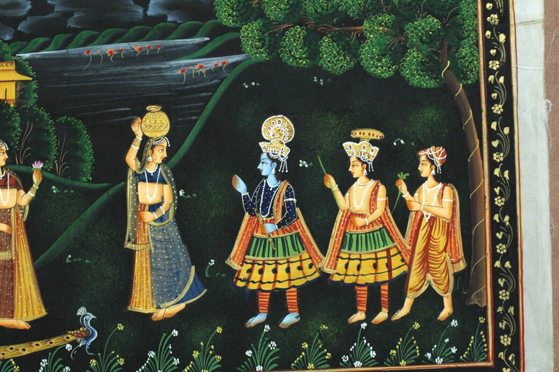 Krishna Radha Painting Of Lord Krishna & Radha Love Scene On Cloth 42x15 Inches gallery