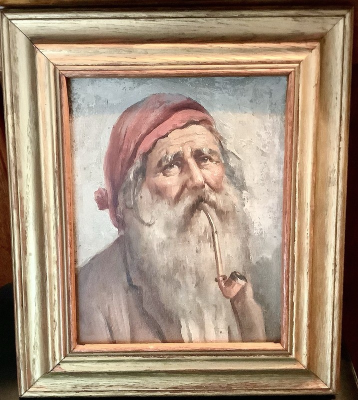 Antique European Oil Painting On Board Portrait of Old Man Smoking Pipe Framed