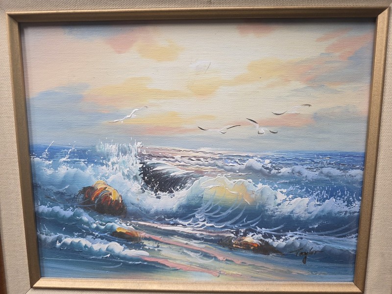 Original Oil Framed Artist Signed Painting Seascape Crashing Waves Birds Sunset gallery
