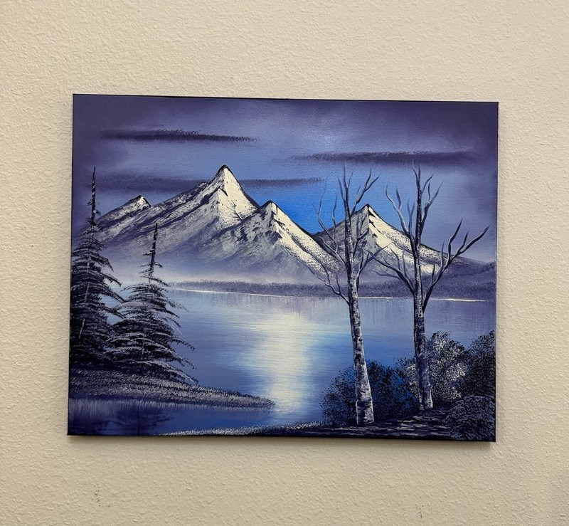 Purple And Blue Mountain Landscape Oil Painting On Canvas Bob Ross Style 16x20in