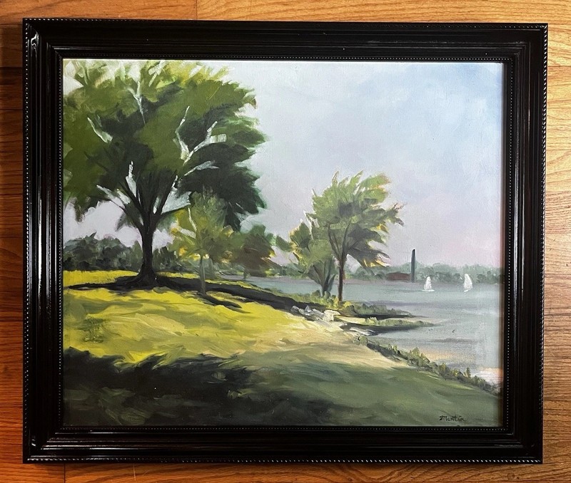 Oil Painting-Modern Mid Century Landscape-Lake W Sailboats-Impressionism