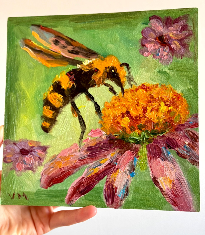 Honeybee Painting Oil Original Canvas Bumblebee Artwork Landscape Floral Art gallery