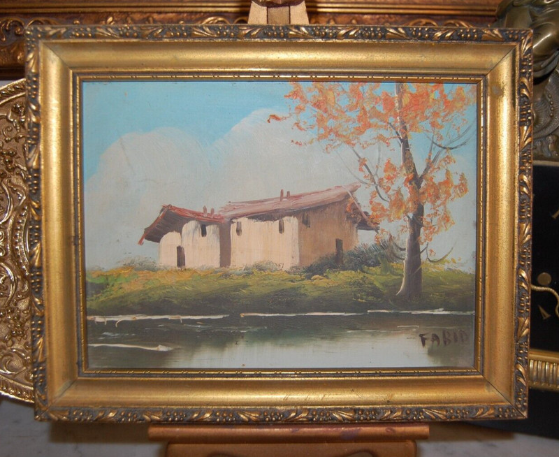 VINTAGE 1940-50’S FRAMED ORIGINAL OIL RUSTIC HOUSE AND RIVER SCENE ARTIST: FARID