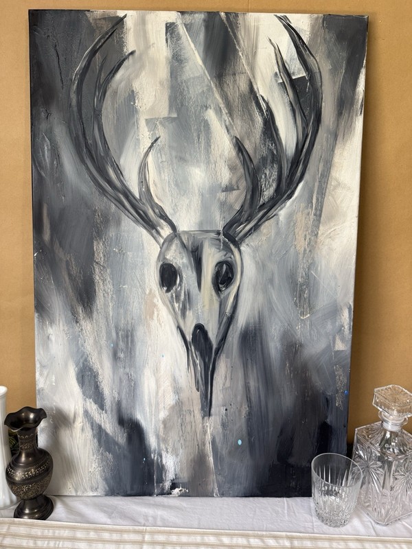 Large 36x24 Abstract Deer Skull Painting Black White Can. Modern Rustic Wall Art gallery