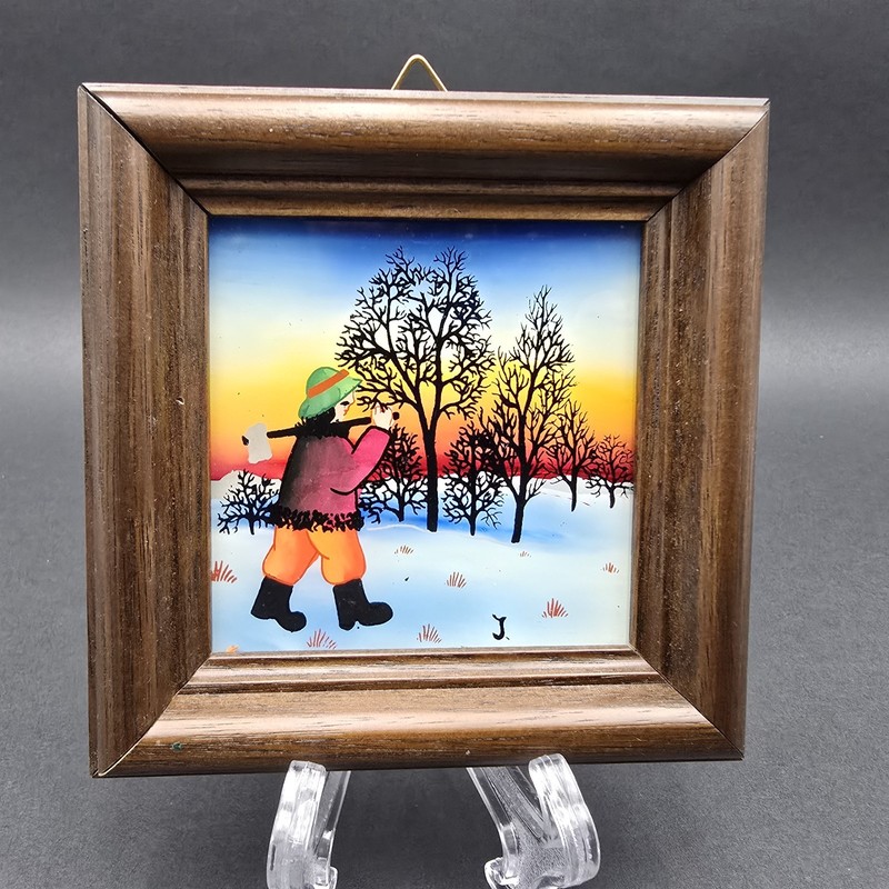 Mini Reverse Painting on Glass Mini Vienna Art Workshops Woodsman Winter Signed