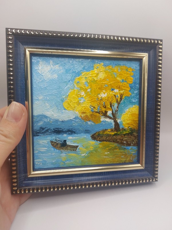 Original Oil Painting Framed Autumn Landscape Boat on Lake Yellow Tree 4*4 gallery