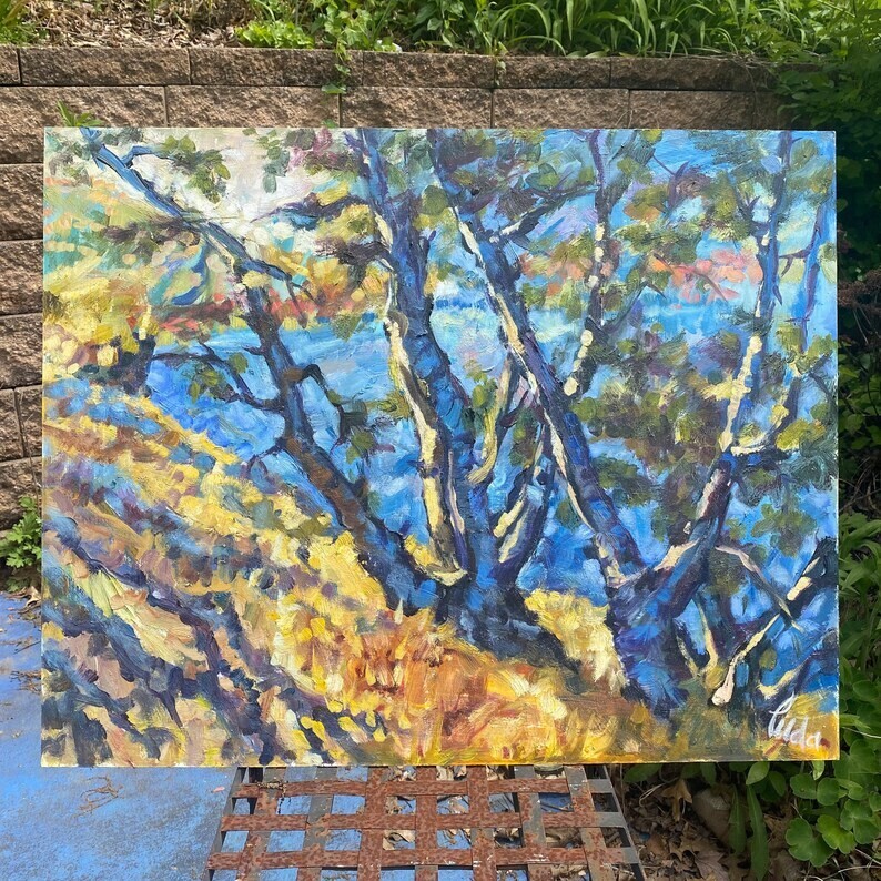 Forest Nature Park Sunset Lake and Trees Landscape Oil Painting on Board 24x30in gallery