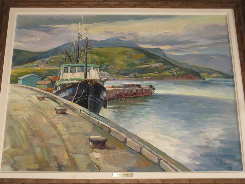 BEST LARGE MARIO MAURO (1920-1984) PORT SCENE OIL PAINTING GASPE QUEBEC CANADA