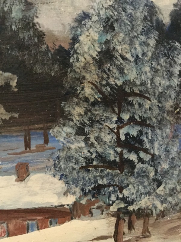 Winter Cottage With Creek Oil On Wood Painting By Victor 17 1/16x14 1/32 Framed gallery