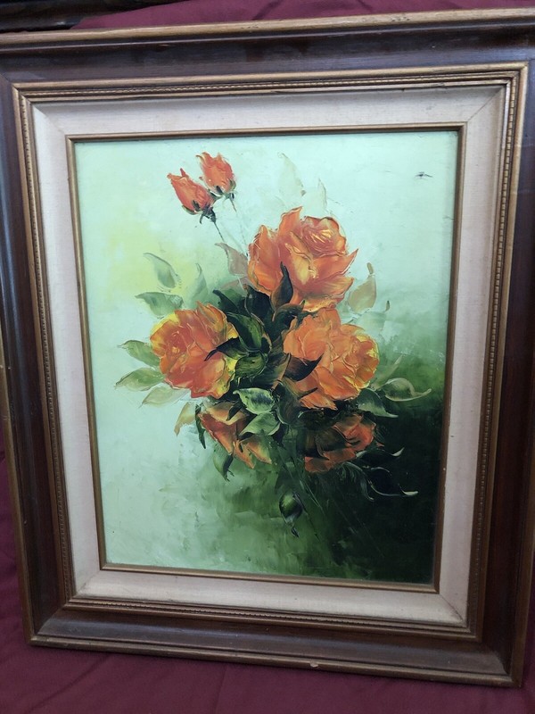 Vintage Oil Painting Still Life Orange Flowers Roses In Wood Frame 27×24” Read
