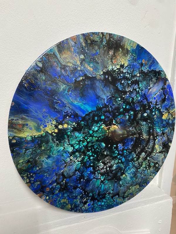 Round planet moon Abstract Blue Green Black Fluid Art Painting OOAK Unframed gallery