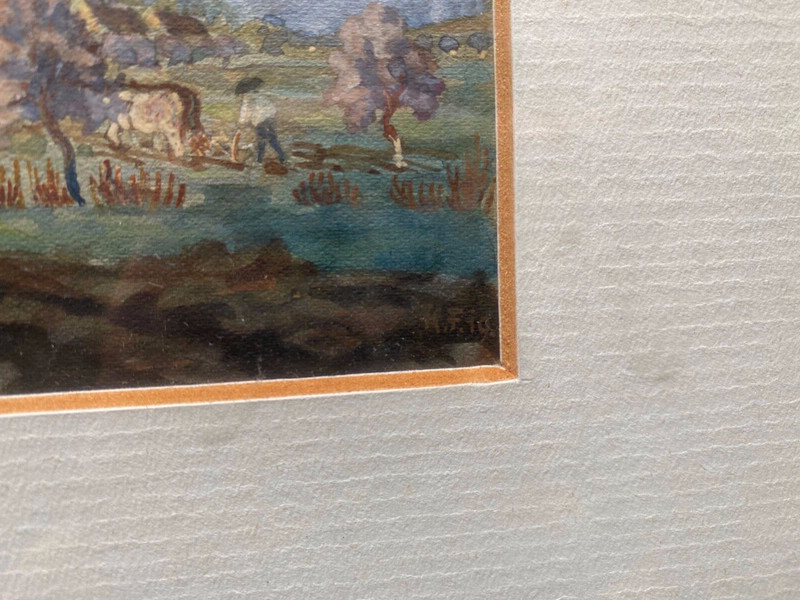 ::WATERCOLOUR MONOGR. K.F. 1919 WIDE LANDSCAPE WITH CASTLE ON HILL FARMER PLOUGH gallery