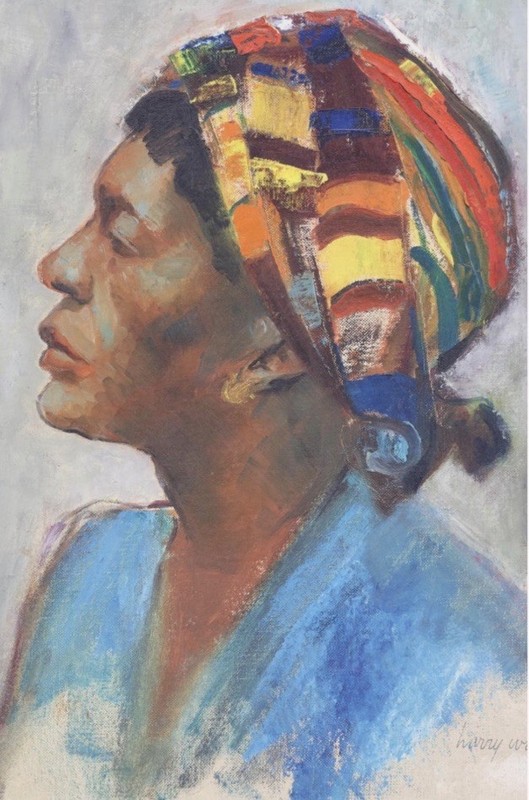 Artist Harry Winters Oil Painting Portrait Of Black Women Multicolor Head Wrap