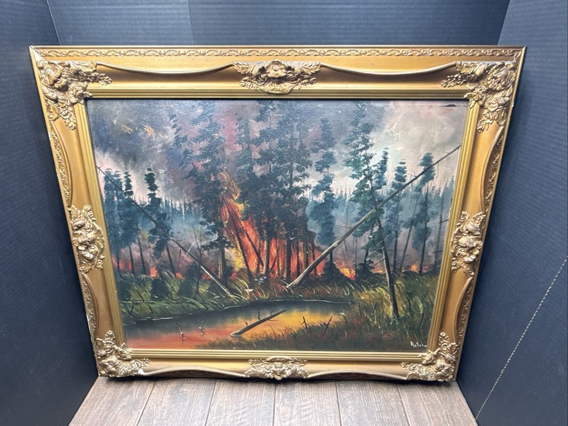 Vintage Framed MCM Oil Painting Forest Landscape