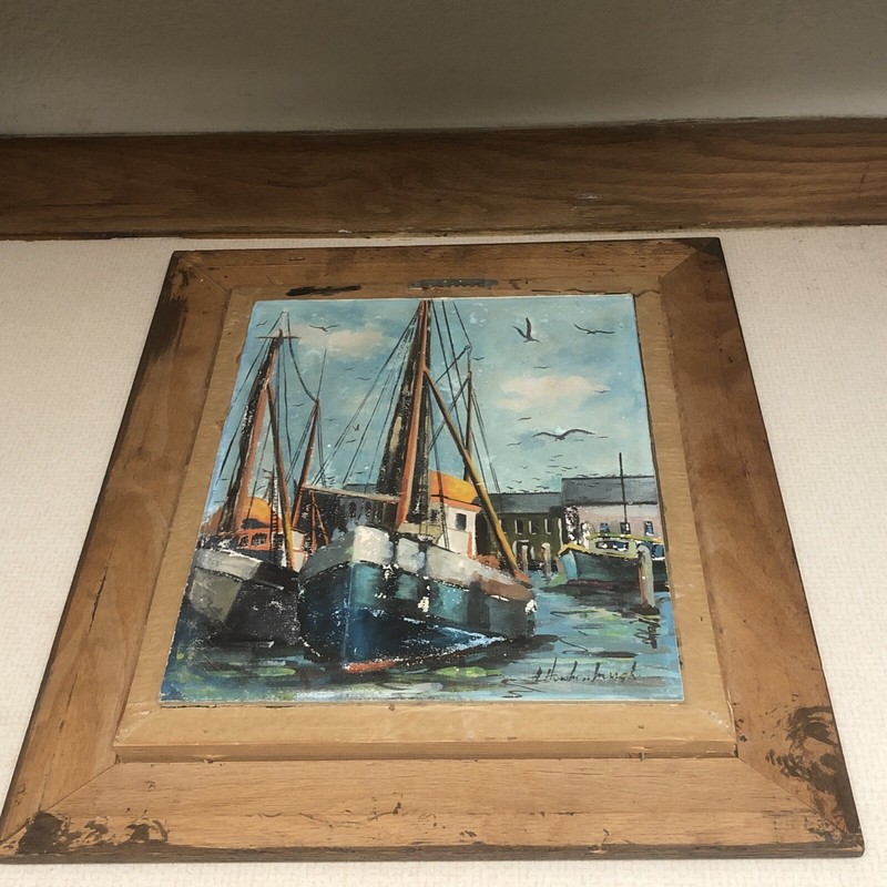 Oil Painting Vintage 1940s Harbor scene Boats Signed HUGH Ocana Nautical Art gallery