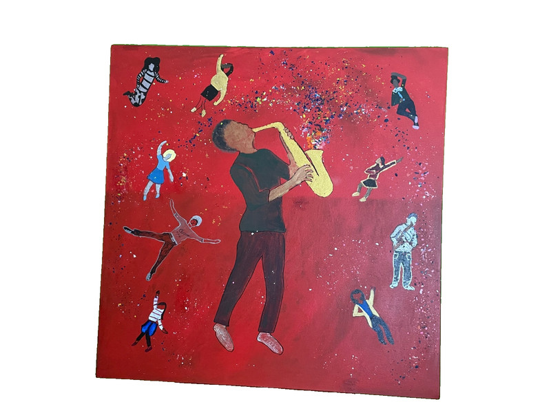 Large 3×3 ft. Original canvas painting music saxophone dance party rock