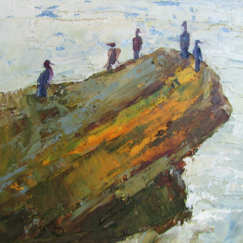 Unique impasto oil painting Seascape Birds on rocks Artists art Interior gift gallery