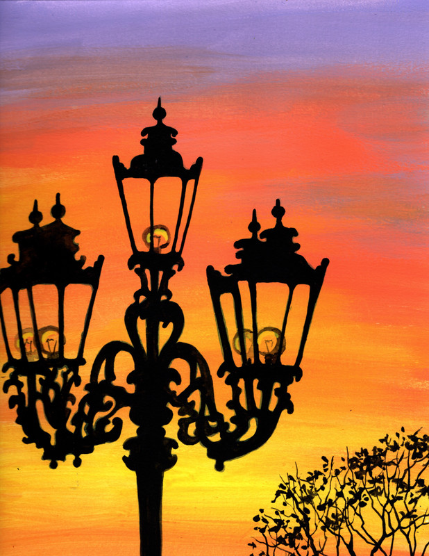 Original painting on paper, STREET LIGHT, signed, 12″x9″, sunset