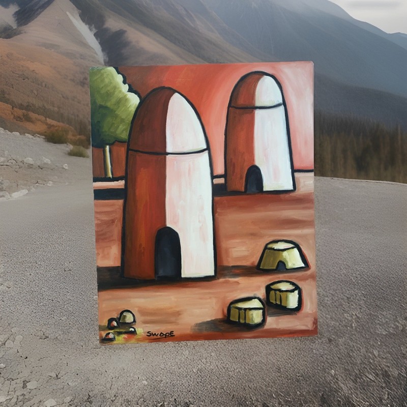 Large Painting 30” X 24” Abstract Granaries Grain Houses Silos Original