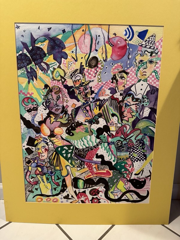 Vtg Abstract Hand Painted Art Signed Ann Stockdale Mardi Gras Surrealism Water