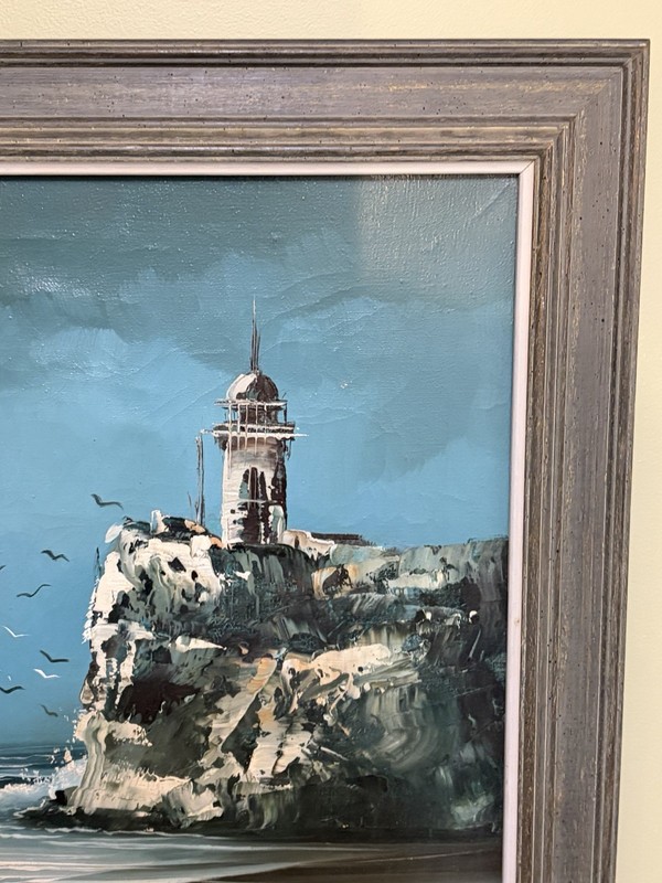 Original OOAK Signed Winslow Canvas Oil Painting Lighthouse Seascape Cliff 24” gallery