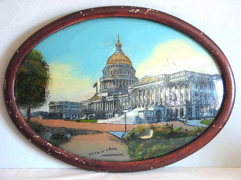 Antique REVERSE Glass Painting US Capitol Building Washington DC 21x15" FREE SH