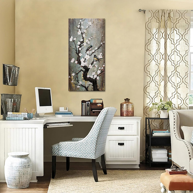 Elegant Birds on Plum Blossom Canvas Art - 20x40 Inch Floral Decor gallery