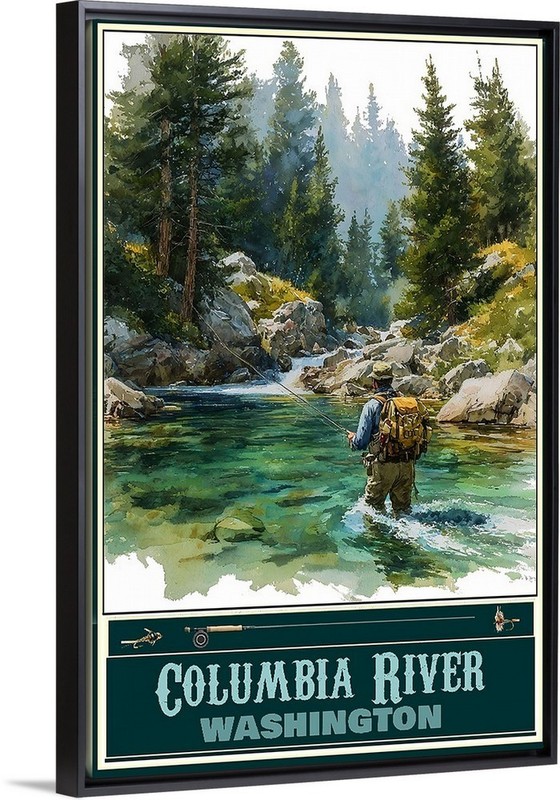 Columbia River Washington Fishing Travel Poster Prints Framed Or Canvas Art