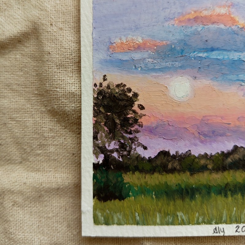 Original ACEO Sunset Valley Oil Pastel Impressionist Evening Mini Painting gallery