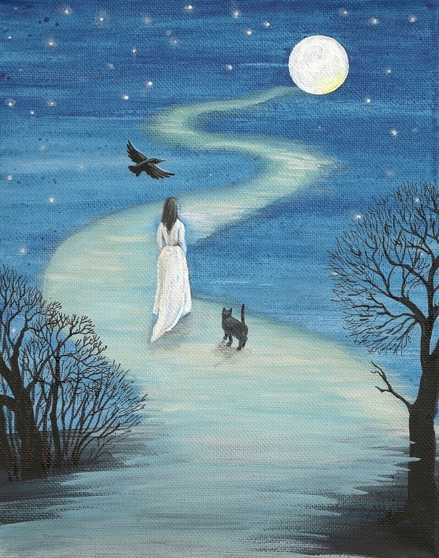 11X14 INCH PRINT OF PAINTING RYTA GHOST HALLOWEEN Witch BLACK CAT folk art moon