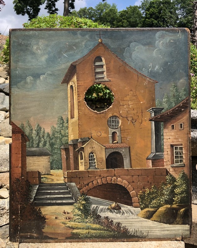 Antique 1834 Artist Signed Oil Wood Board Church Cathedral Painting Clock Panel