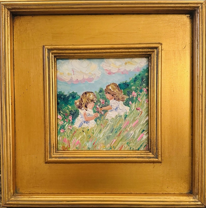 KADLIC Original Oil Painting Children Girls Child Impasto Gold Gilt Framed